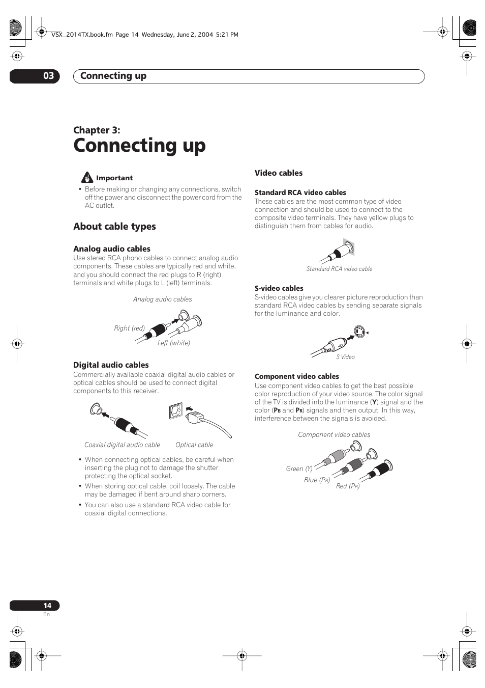 03 connecting up, About cable types, Connecting up | Connecting up 03, Chapter 3 | Pioneer VSX-2014i User Manual | Page 14 / 84