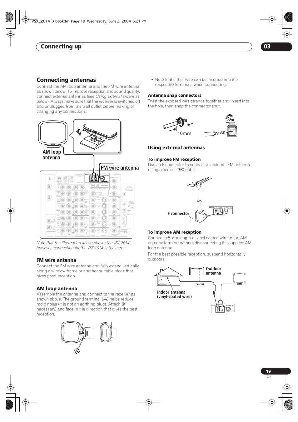 Connecting antennas, Connecting up 03, Am loop antenna fm wire antenna | Fm wire antenna, Am loop antenna, Antenna snap connectors, 10mm, F connector, Outdoor antenna indoor antenna (vinyl-coated wire), Using external antennas | Pioneer VSX-2014i User Manual | Page 19 / 84