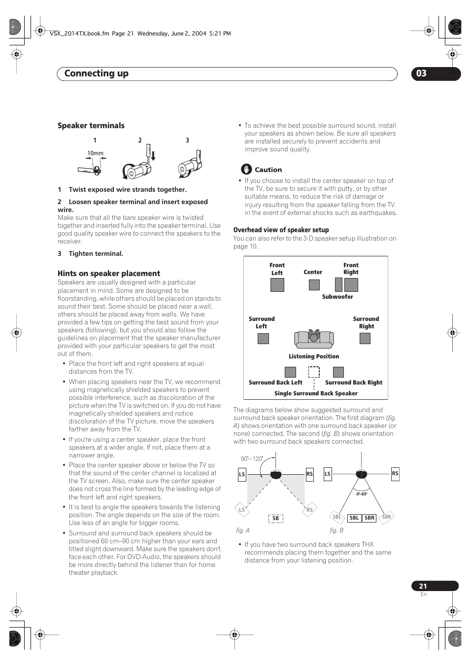 Speaker terminals hints on speaker placement, Connecting up 03 | Pioneer VSX-2014i User Manual | Page 21 / 84