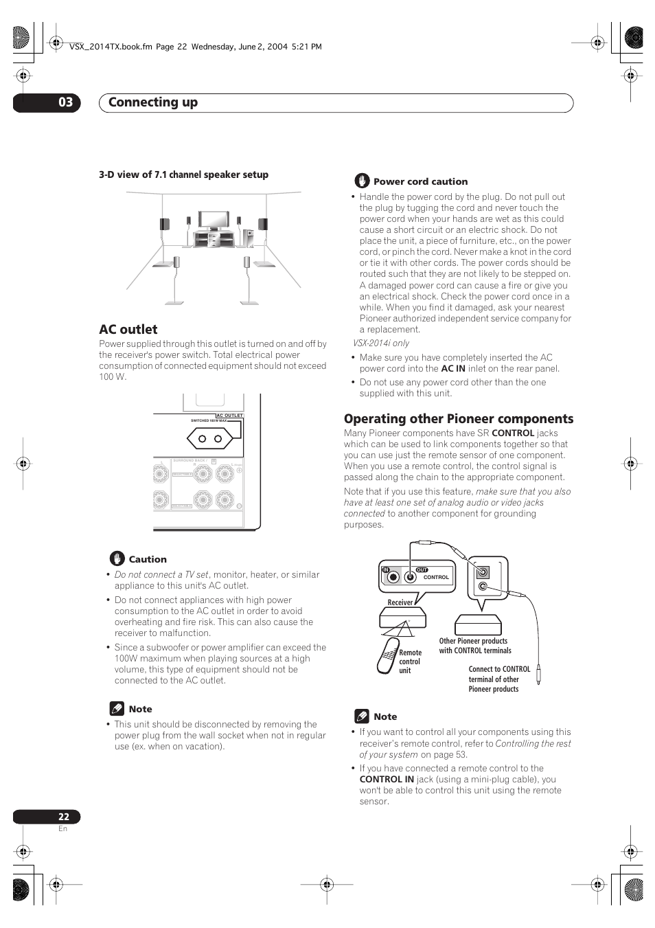 Ac outlet operating other pioneer components, Connecting up 03, Ac outlet | Operating other pioneer components | Pioneer VSX-2014i User Manual | Page 22 / 84