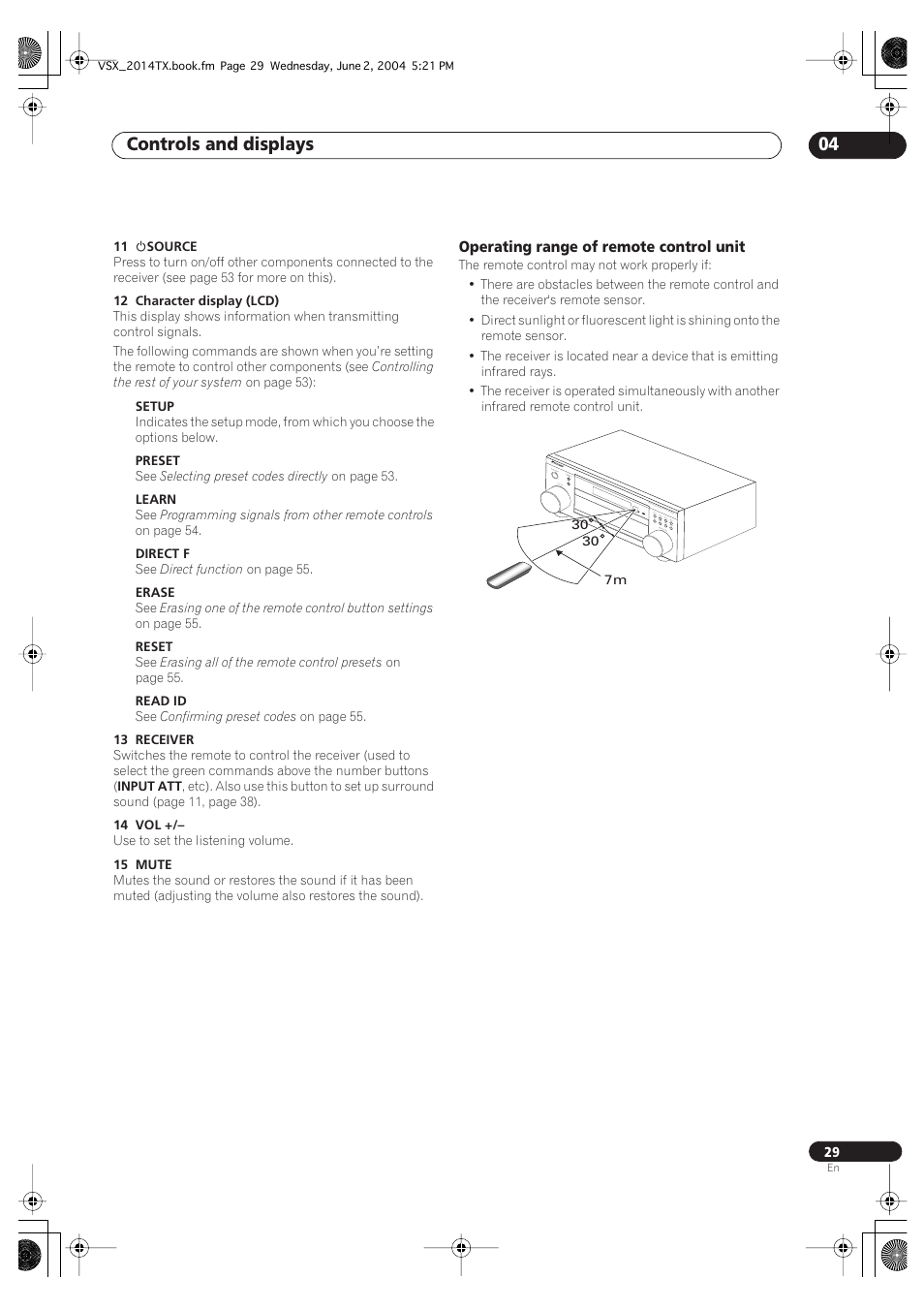 Operating range of remote control unit, Controls and displays 04 | Pioneer VSX-2014i User Manual | Page 29 / 84