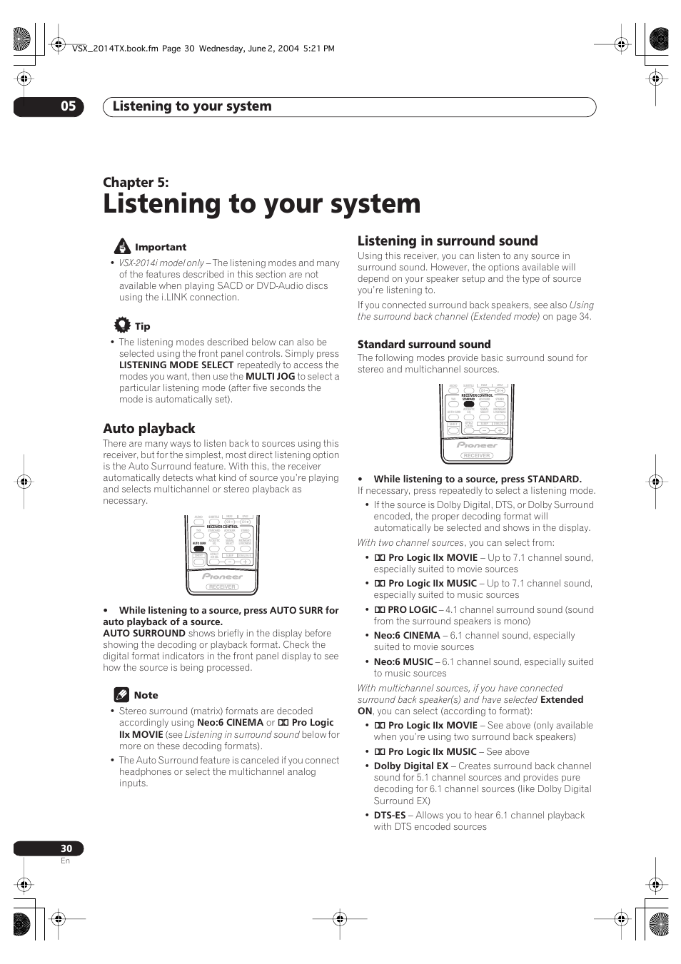 05 listening to your system, Auto playback listening in surround sound, Standard surround sound | Listening to your system, Listening to your system 05, Chapter 5, Auto playback, Listening in surround sound | Pioneer VSX-2014i User Manual | Page 30 / 84