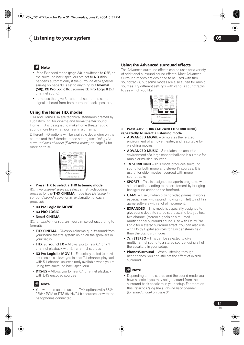 Listening to your system 05, Using the home thx modes, Using the advanced surround effects | Pioneer VSX-2014i User Manual | Page 31 / 84