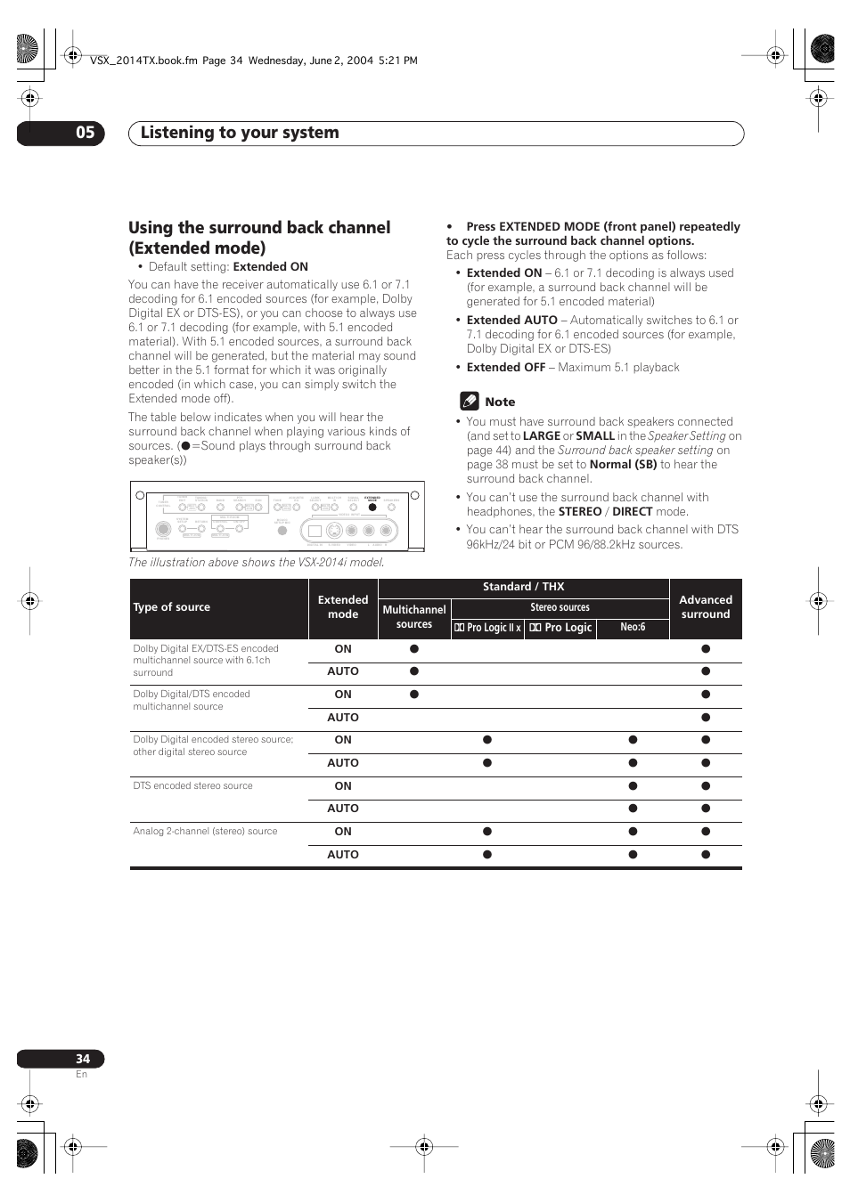 Using the surround back channel (extended mode), Listening to your system 05 | Pioneer VSX-2014i User Manual | Page 34 / 84