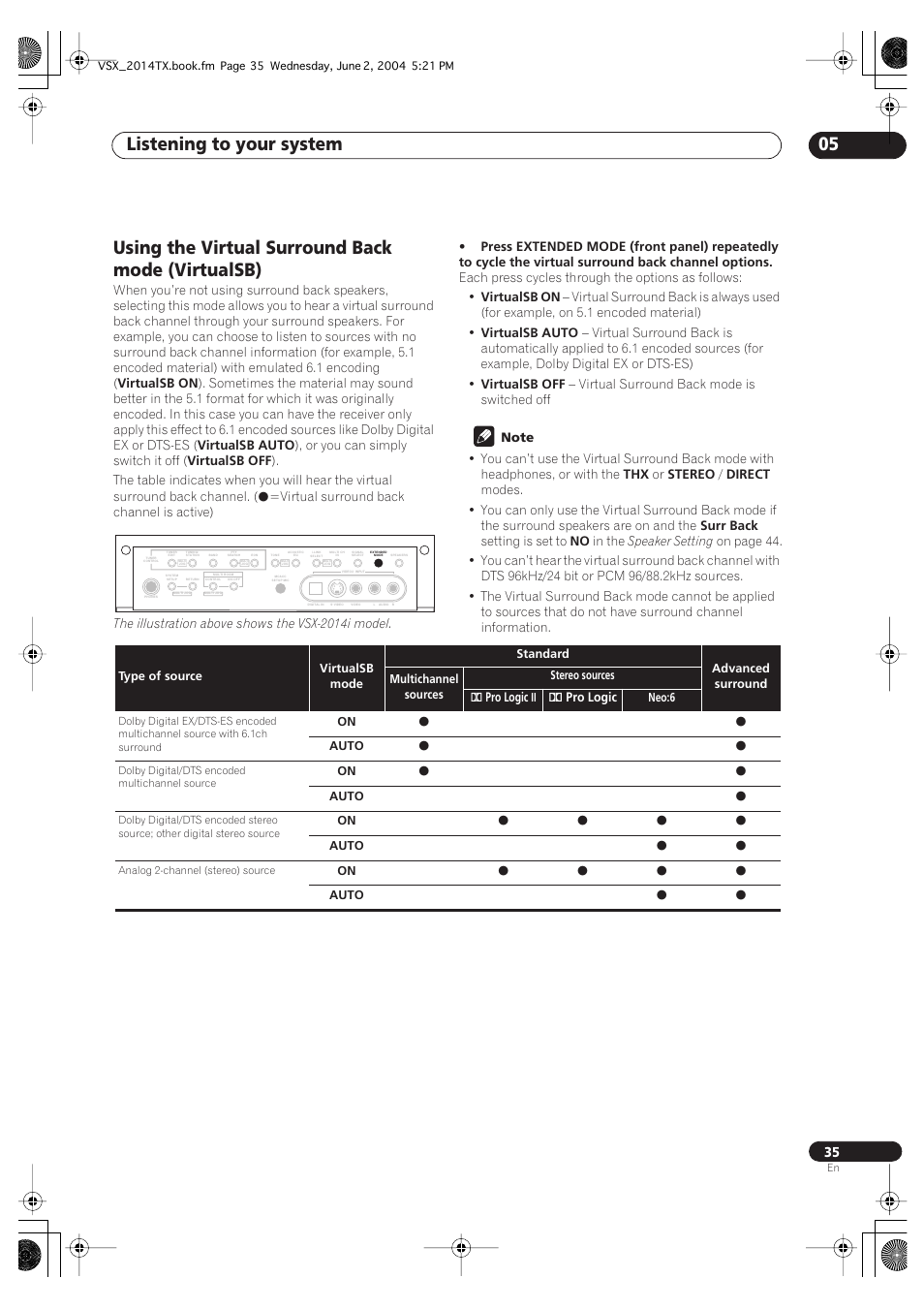 Using the virtual surround back mode (virtualsb), Listening to your system 05 | Pioneer VSX-2014i User Manual | Page 35 / 84