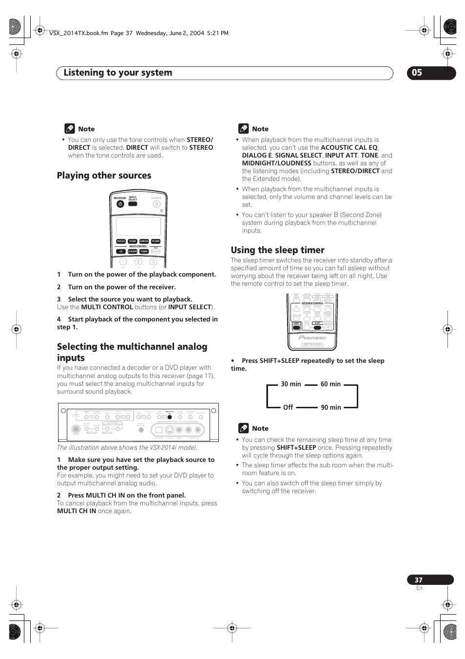 Listening to your system 05, Playing other sources, Selecting the multichannel analog inputs | Using the sleep timer | Pioneer VSX-2014i User Manual | Page 37 / 84