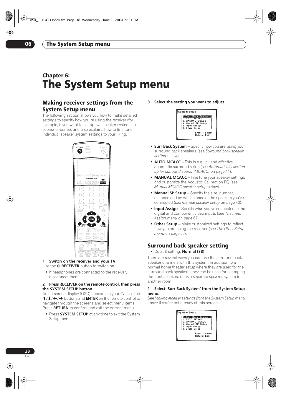 06 the system setup menu, The system setup menu, The system setup menu 06 | Chapter 6, Surround back speaker setting | Pioneer VSX-2014i User Manual | Page 38 / 84