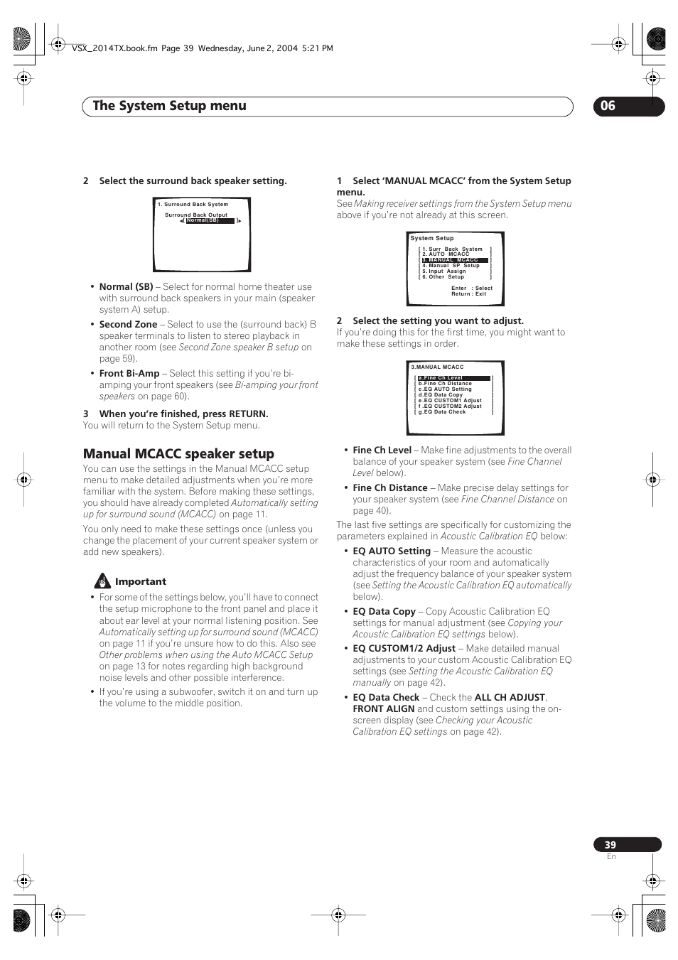 Manual mcacc speaker setup, The system setup menu 06 | Pioneer VSX-2014i User Manual | Page 39 / 84