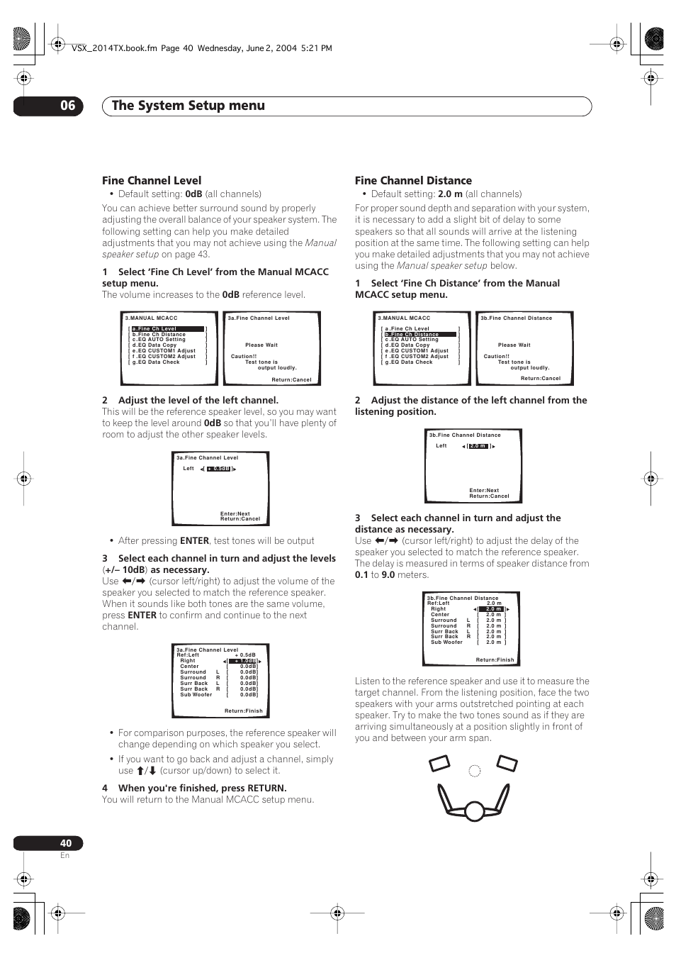 Fine channel level fine channel distance, The system setup menu 06, Fine channel level | Fine channel distance | Pioneer VSX-2014i User Manual | Page 40 / 84