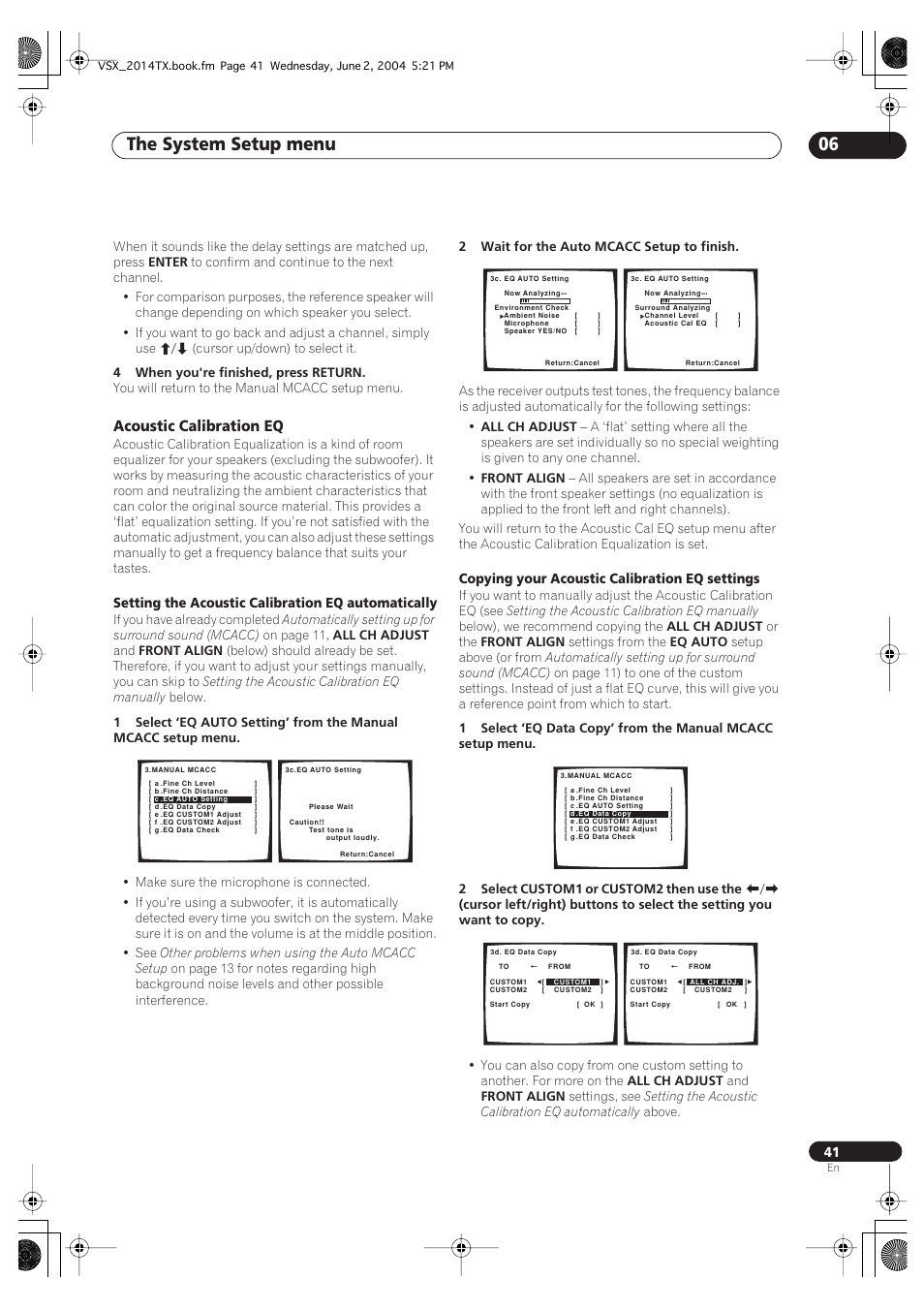 Acoustic calibration eq, The system setup menu 06 | Pioneer VSX-2014i User Manual | Page 41 / 84