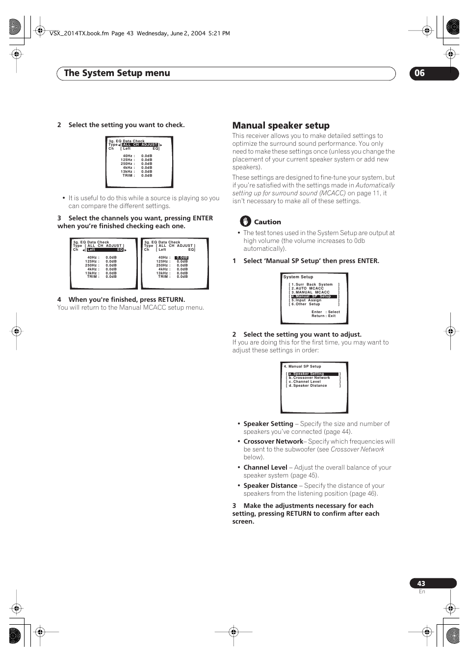 Manual speaker setup, The system setup menu 06 | Pioneer VSX-2014i User Manual | Page 43 / 84