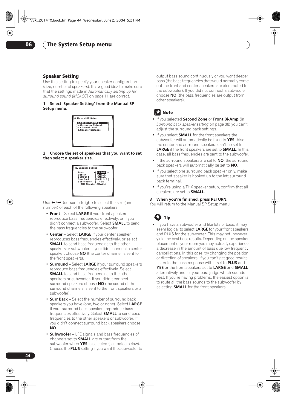 Speaker setting, The system setup menu 06 | Pioneer VSX-2014i User Manual | Page 44 / 84