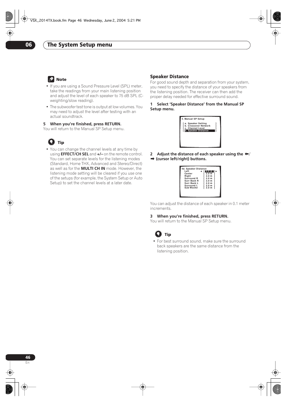 Speaker distance, The system setup menu 06 | Pioneer VSX-2014i User Manual | Page 46 / 84