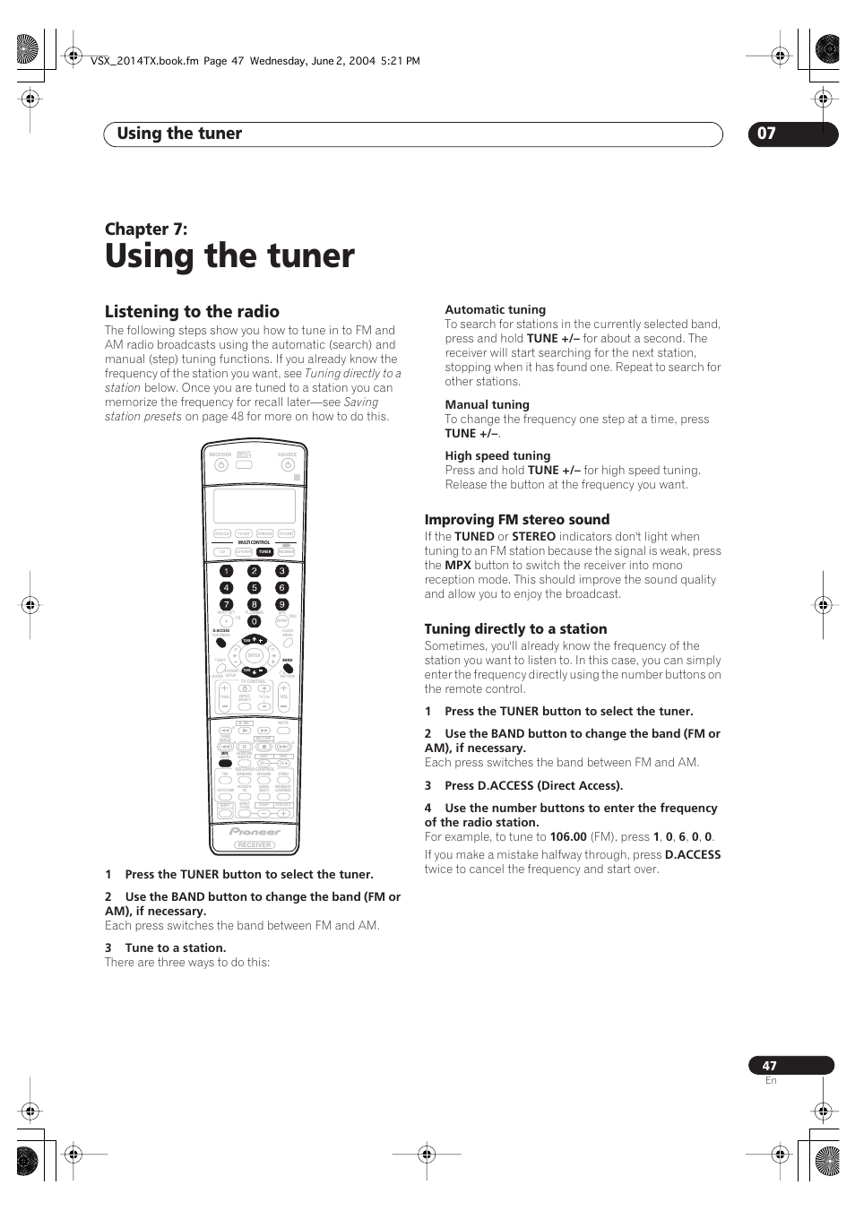 07 using the tuner, Listening to the radio, Using the tuner | Using the tuner 07, Chapter 7, Improving fm stereo sound, Tuning directly to a station | Pioneer VSX-2014i User Manual | Page 47 / 84