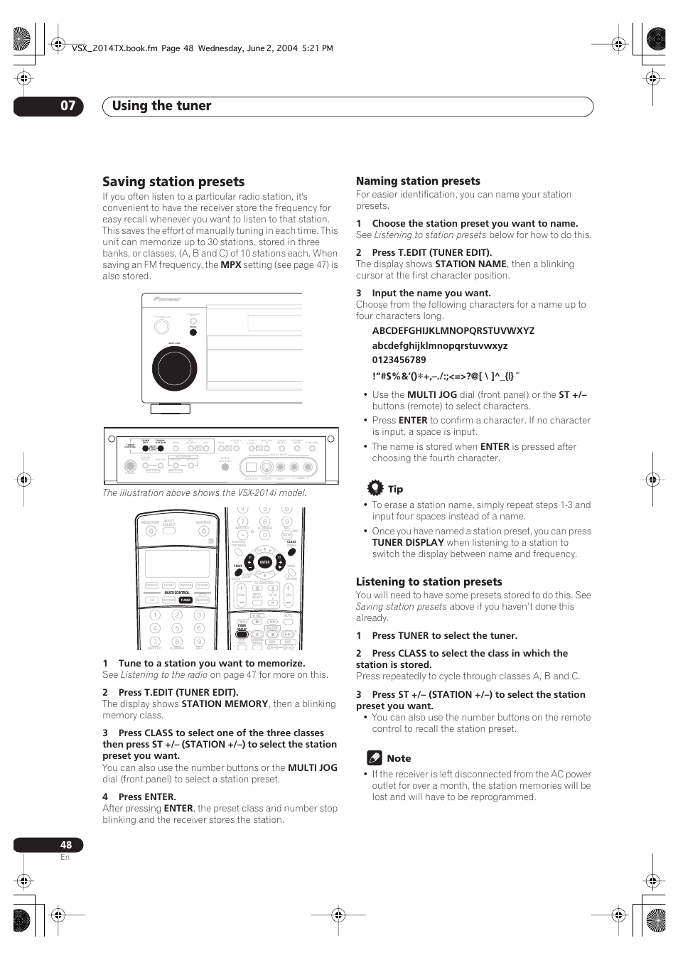 Saving station presets, Using the tuner 07, Naming station presets | Setting (see page 47) is also stored, The illustration above shows the vsx-2014i model, Listening to the radio, On page 47 for more on this, 2press t.edit (tuner edit), The display shows, You can also use the number buttons or the | Pioneer VSX-2014i User Manual | Page 48 / 84