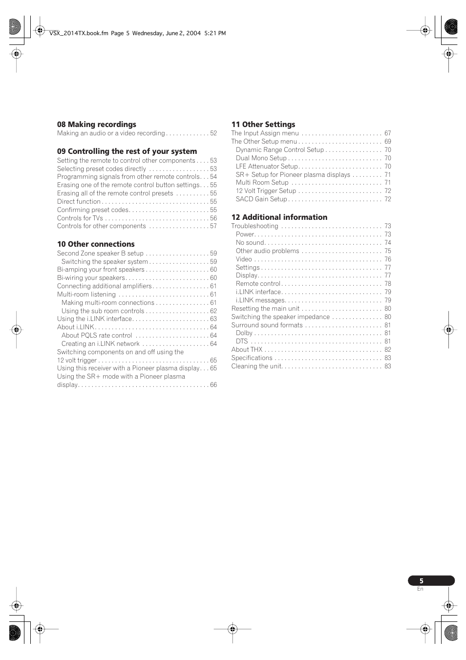 Pioneer VSX-2014i User Manual | Page 5 / 84