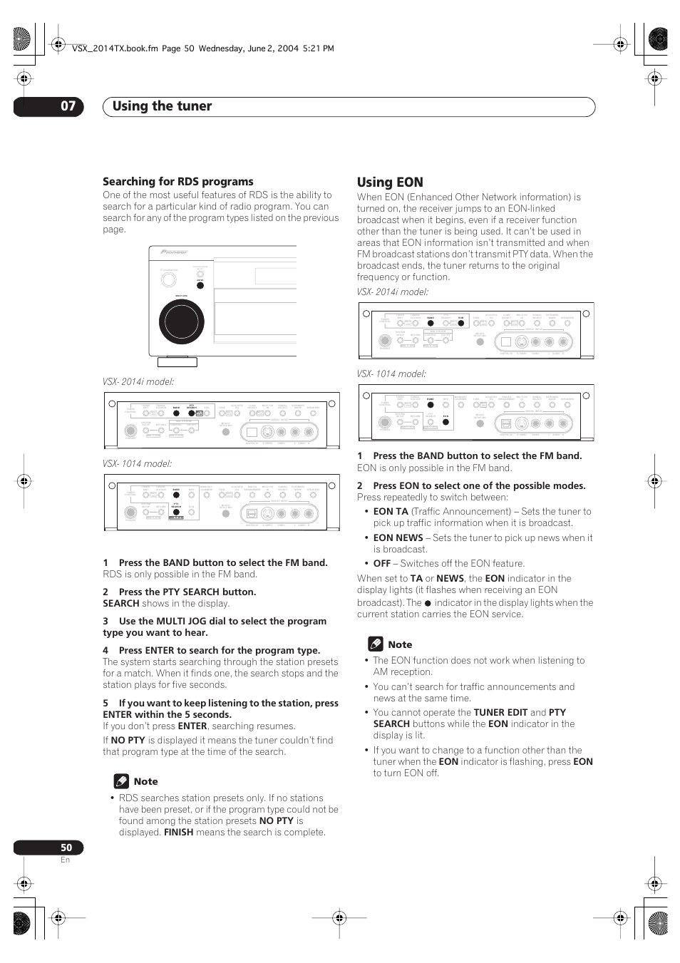 Searching for rds programs, Using eon, Using the tuner 07 | 1press the band button to select the fm band, Rds is only possible in the fm band, 2press the pty search button. search, Shows in the display, If you don’t press, Enter, Searching resumes. if | Pioneer VSX-2014i User Manual | Page 50 / 84