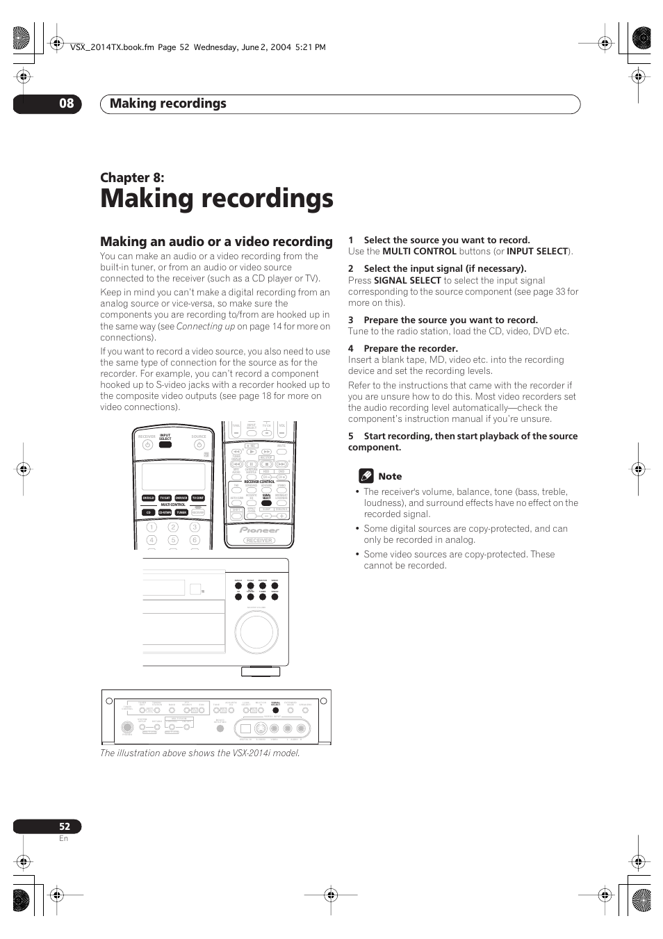 08 making recordings, Making an audio or a video recording, Making recordings | Making recordings 08, Chapter 8, Connecting up, The illustration above shows the vsx-2014i model, 1select the source you want to record, Use the, Multi control | Pioneer VSX-2014i User Manual | Page 52 / 84