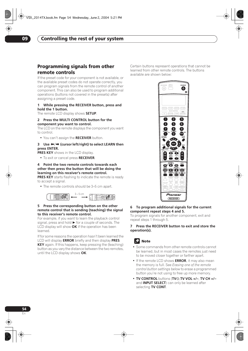 Programming signals from other remote controls, Controlling the rest of your system 09 | Pioneer VSX-2014i User Manual | Page 54 / 84