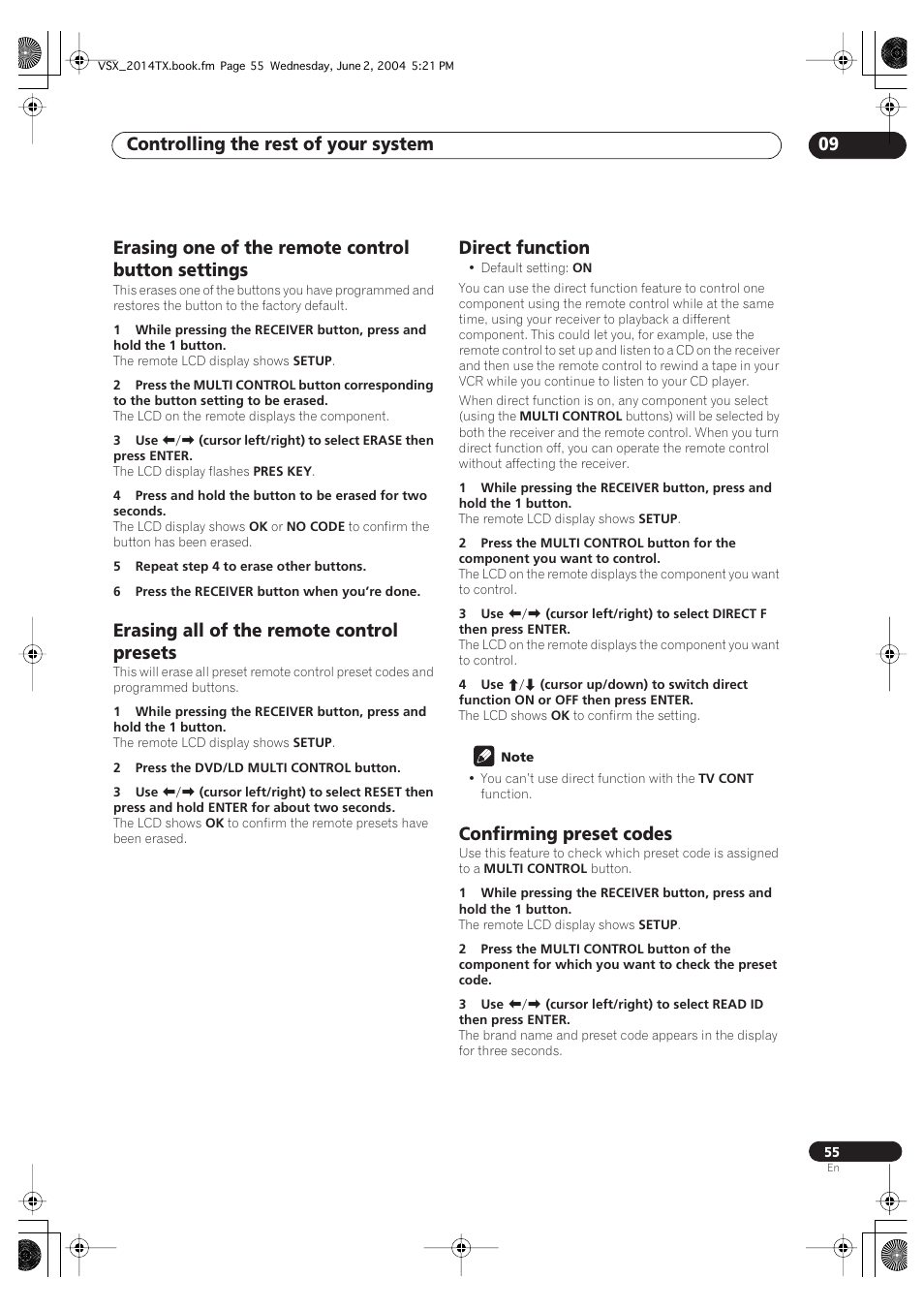 Controlling the rest of your system 09, Erasing one of the remote control button settings, Erasing all of the remote control presets | Direct function, Confirming preset codes | Pioneer VSX-2014i User Manual | Page 55 / 84