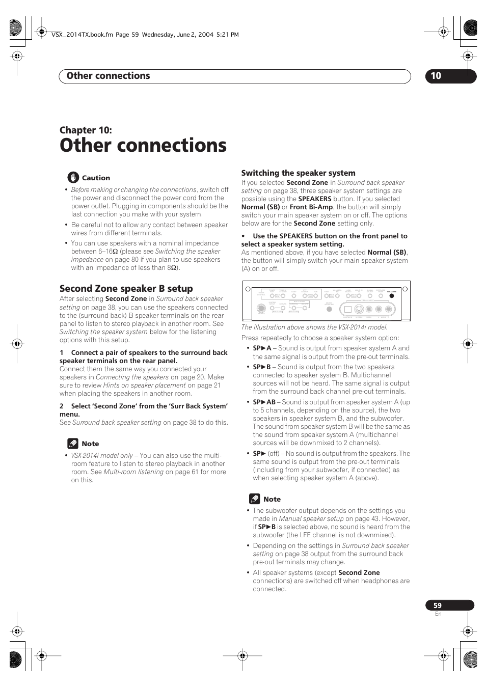 10 other connections, Second zone speaker b setup, Switching the speaker system | Other connections, Other connections 10, Chapter 10 | Pioneer VSX-2014i User Manual | Page 59 / 84