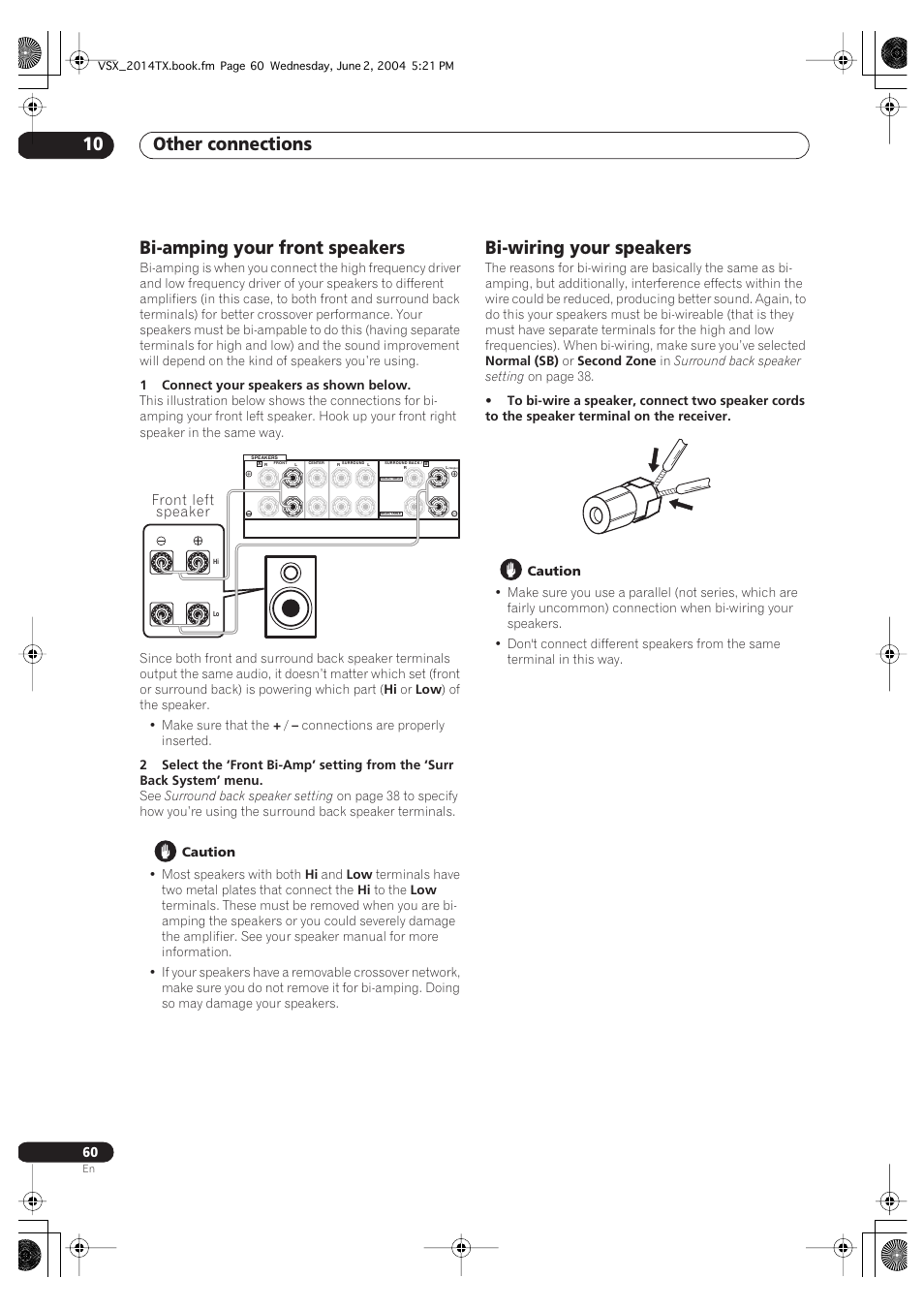 Other connections 10, Bi-amping your front speakers, Bi-wiring your speakers | Pioneer VSX-2014i User Manual | Page 60 / 84