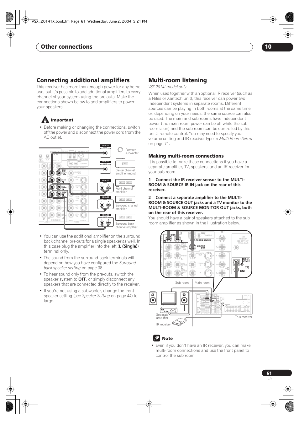 Making multi-room connections, Other connections 10, Connecting additional amplifiers | Multi-room listening | Pioneer VSX-2014i User Manual | Page 61 / 84