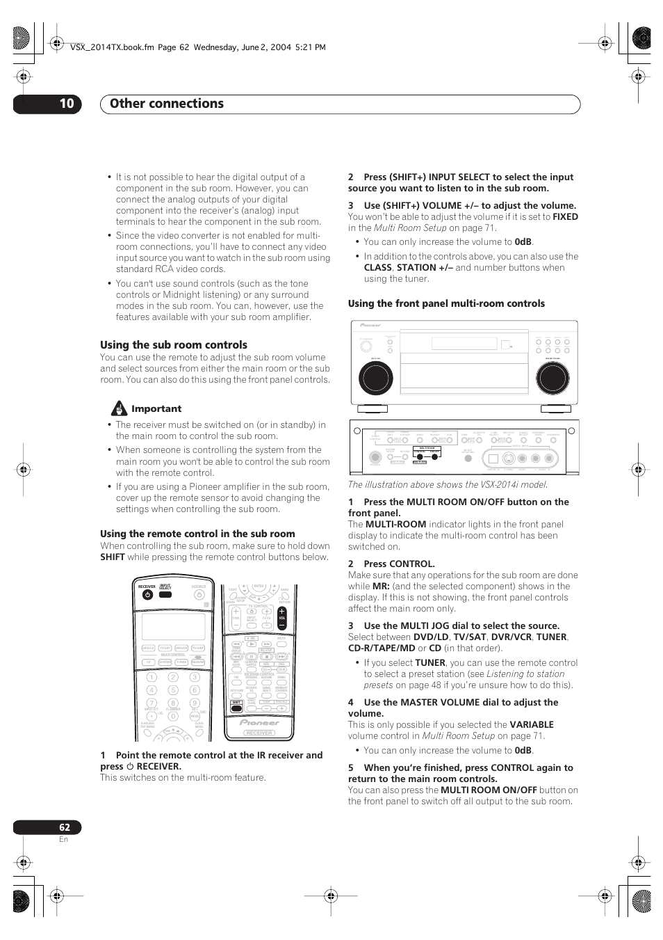 Using the sub room controls, Other connections 10, Using the remote control in the sub room | Using the front panel multi-room controls, Dvd/ld tv/sat dvr/vcr video1 cd cd-r/ tape/md, Tuner video2 listening mode select enter | Pioneer VSX-2014i User Manual | Page 62 / 84