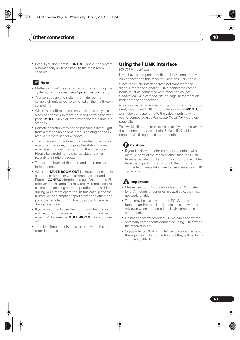 Using the i.link interface, Other connections 10 | Pioneer VSX-2014i User Manual | Page 63 / 84