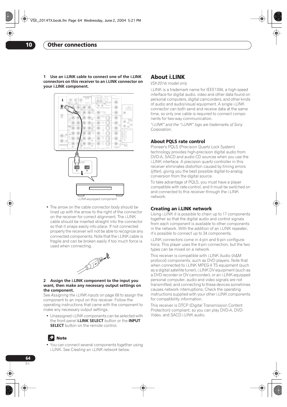 About i.link, About pqls rate control creating an i.link network, Other connections 10 | About pqls rate control, Assigning the i.link inputs, I.link select, Button or the, Input select, Button on the remote control, Creating an i.link network | Pioneer VSX-2014i User Manual | Page 64 / 84