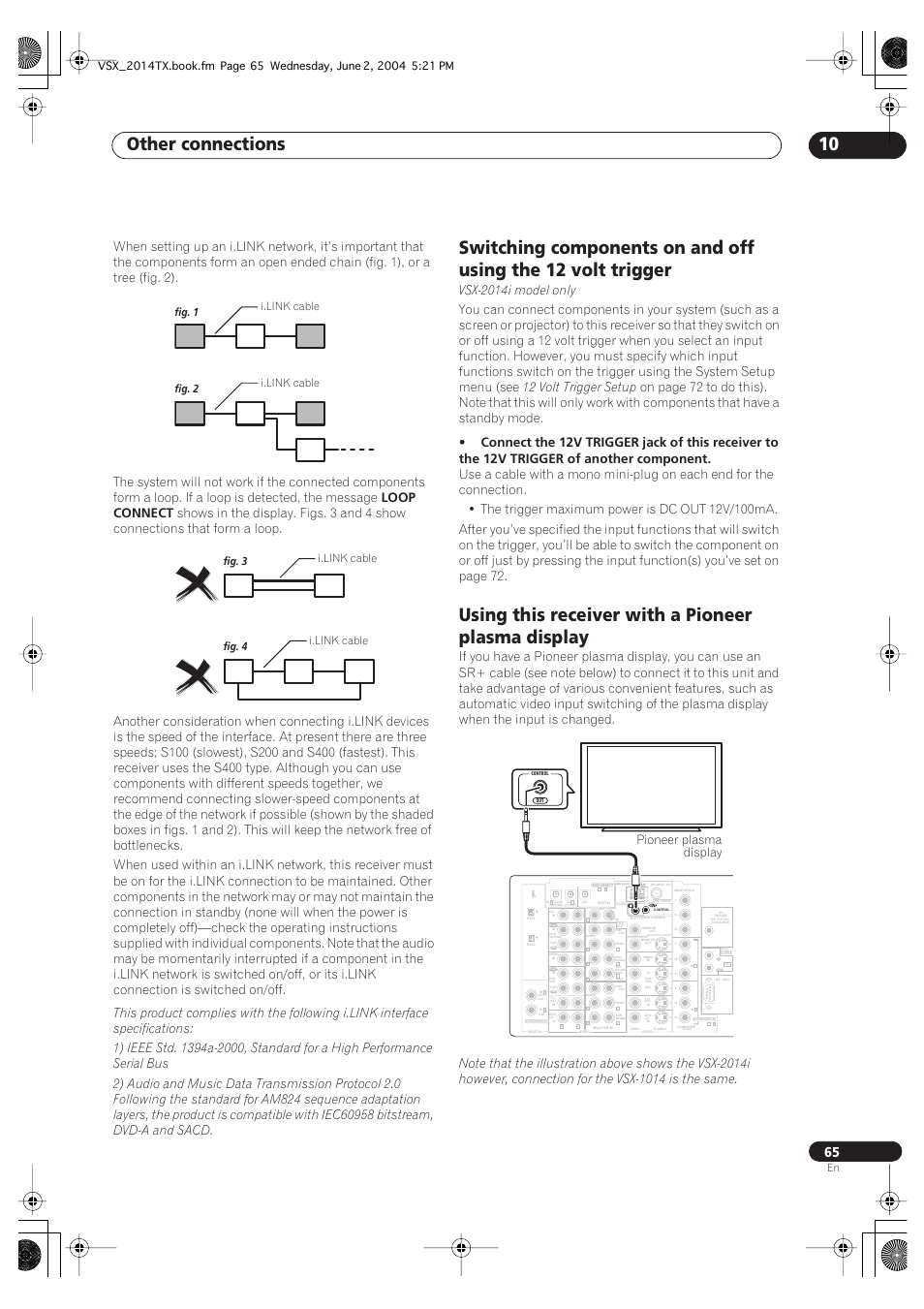 Other connections 10, Using this receiver with a pioneer plasma display, Loop connect | Vsx-2014i model only, 12 volt trigger setup, Pioneer plasma display | Pioneer VSX-2014i User Manual | Page 65 / 84