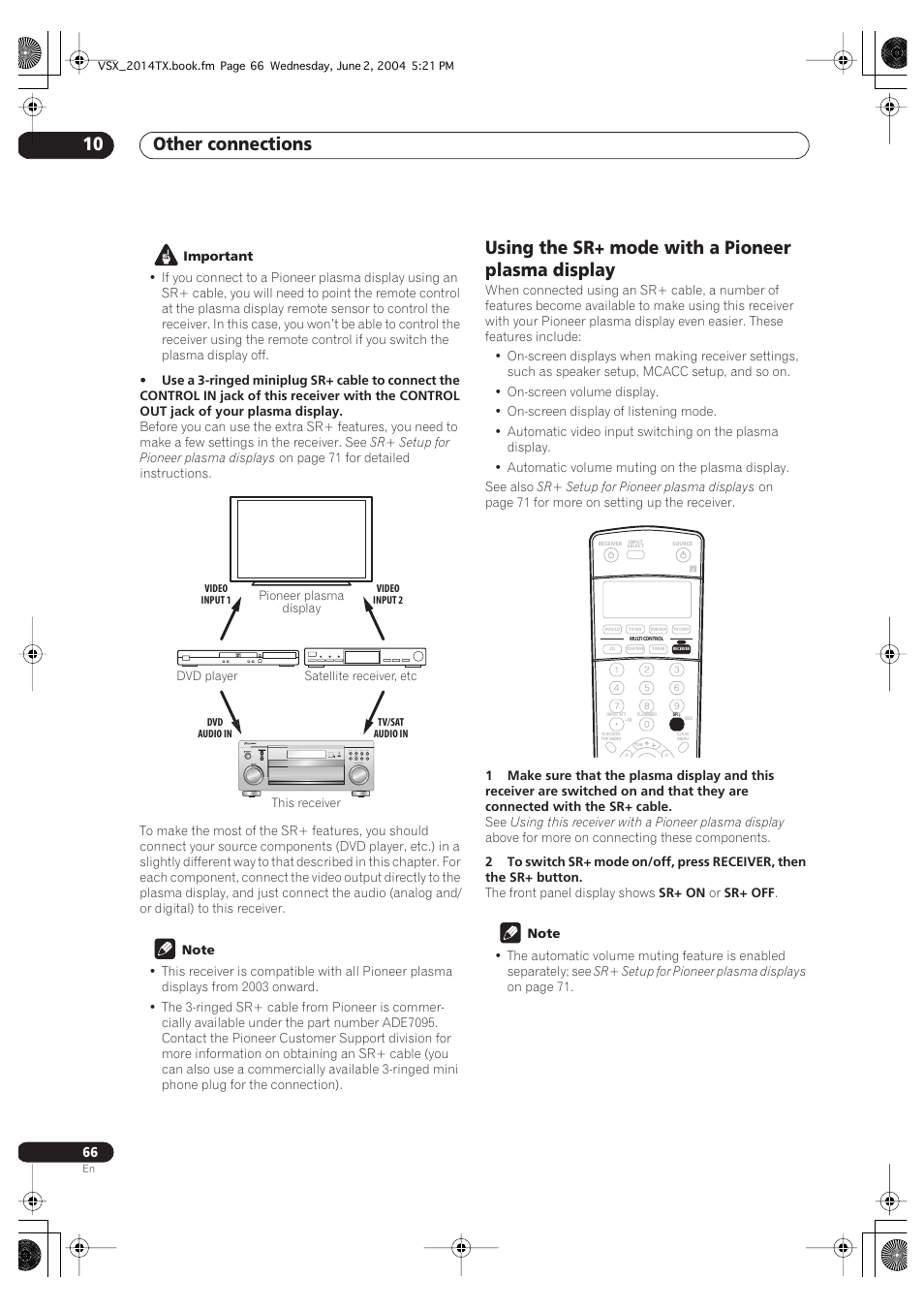 Using the sr+ mode with a pioneer plasma display, Other connections 10 | Pioneer VSX-2014i User Manual | Page 66 / 84
