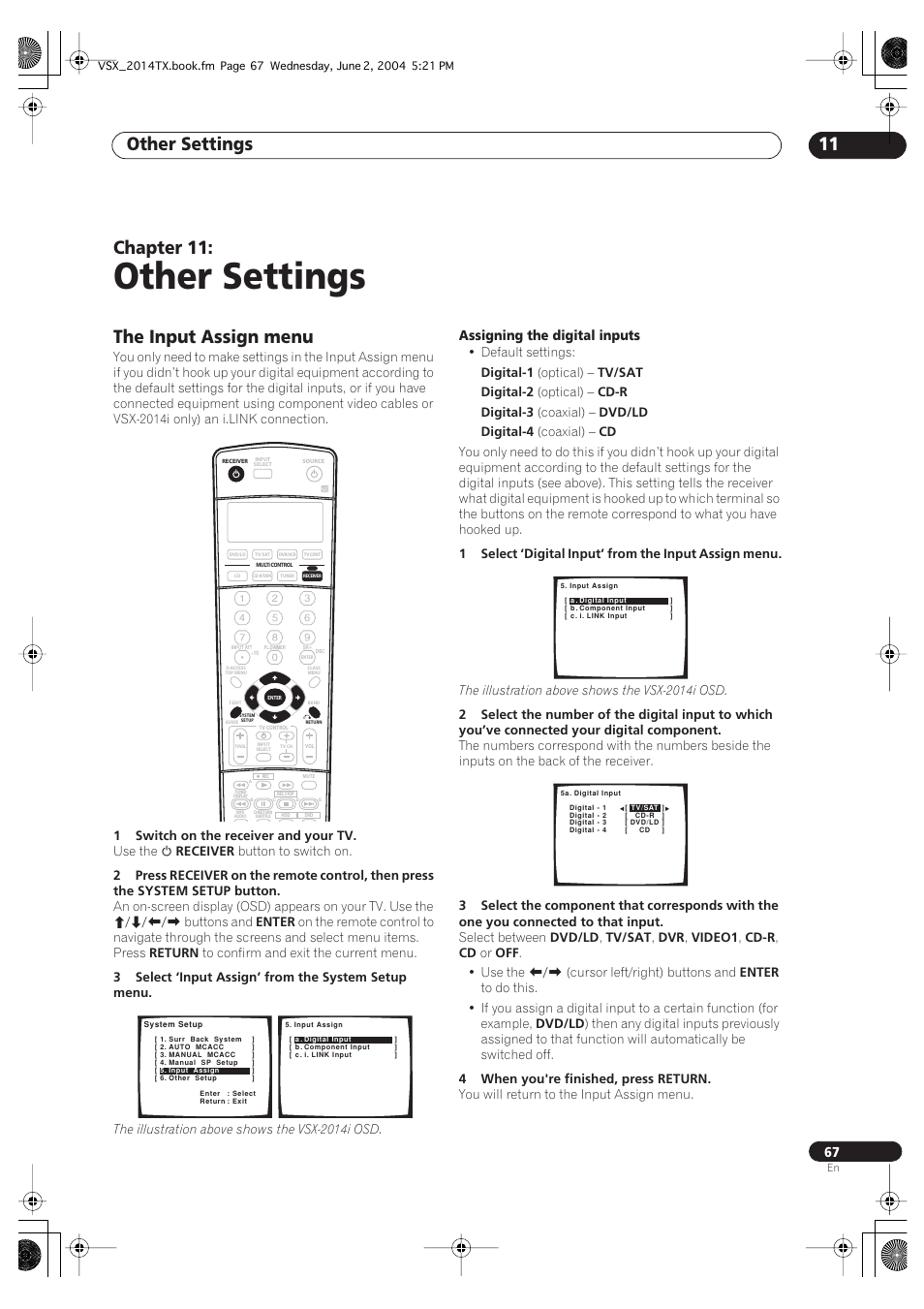 11 other settings, The input assign menu, Other settings | Other settings 11, Chapter 11 | Pioneer VSX-2014i User Manual | Page 67 / 84