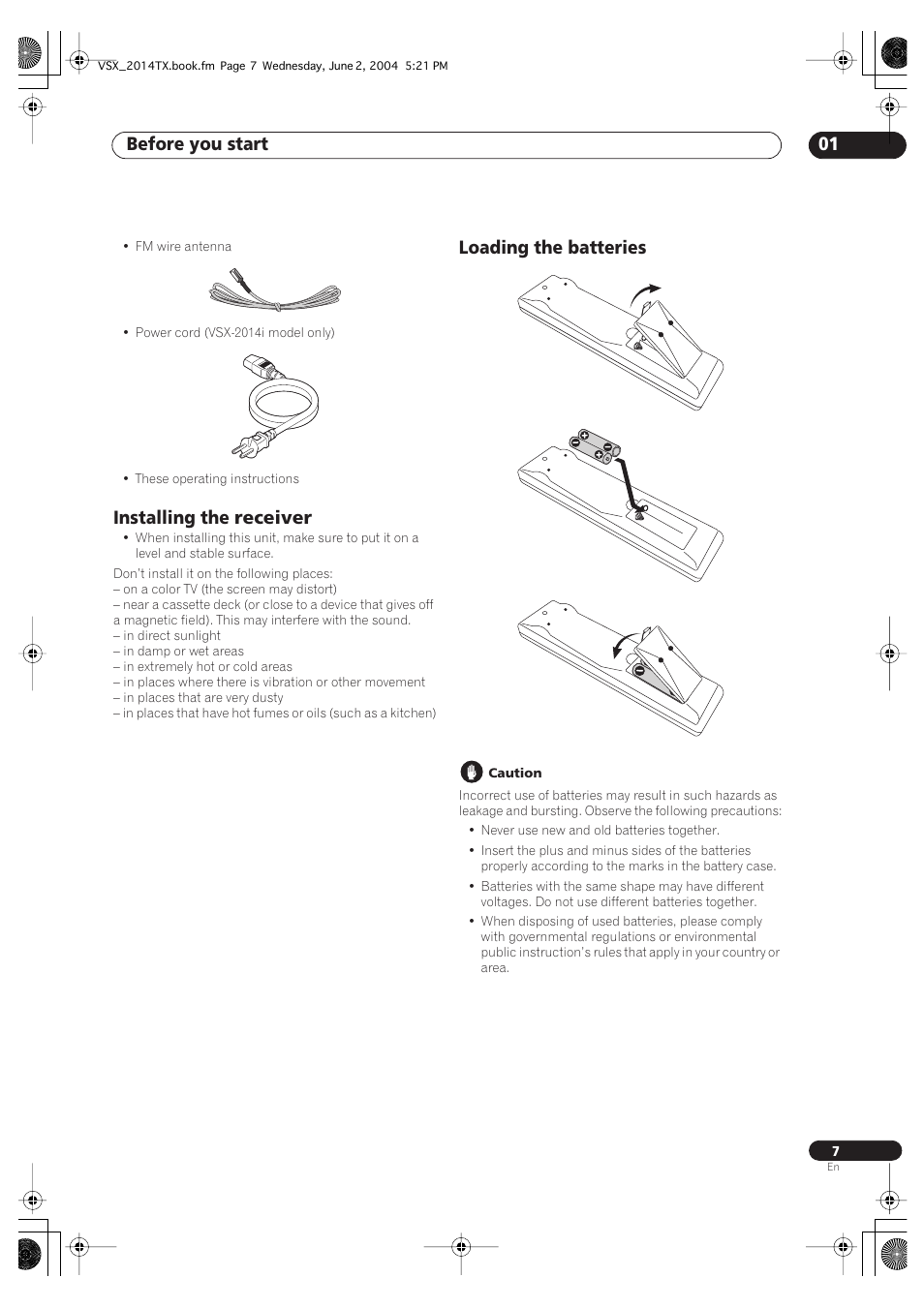 Installing the receiver loading the batteries, Before you start 01, Installing the receiver | Loading the batteries | Pioneer VSX-2014i User Manual | Page 7 / 84