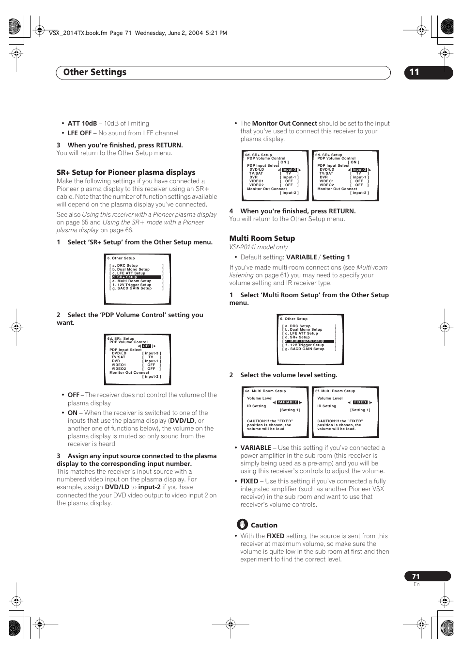 Other settings 11, Sr+ setup for pioneer plasma displays, Multi room setup | Pioneer VSX-2014i User Manual | Page 71 / 84