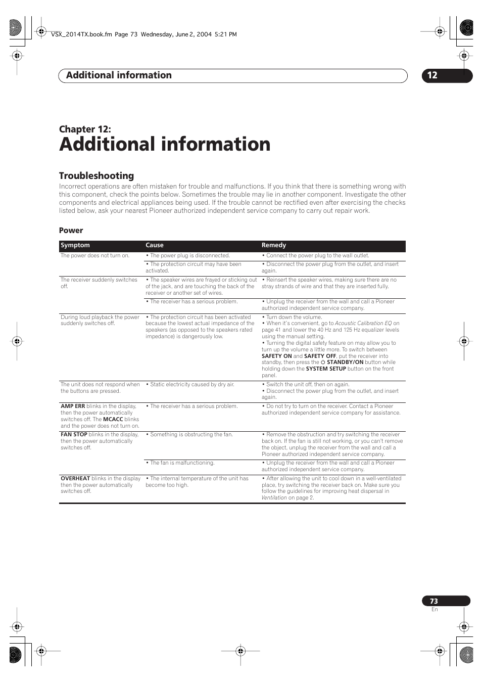 12 additional information, Troubleshooting, Power | Additional information, Additional information 12, Chapter 12 | Pioneer VSX-2014i User Manual | Page 73 / 84