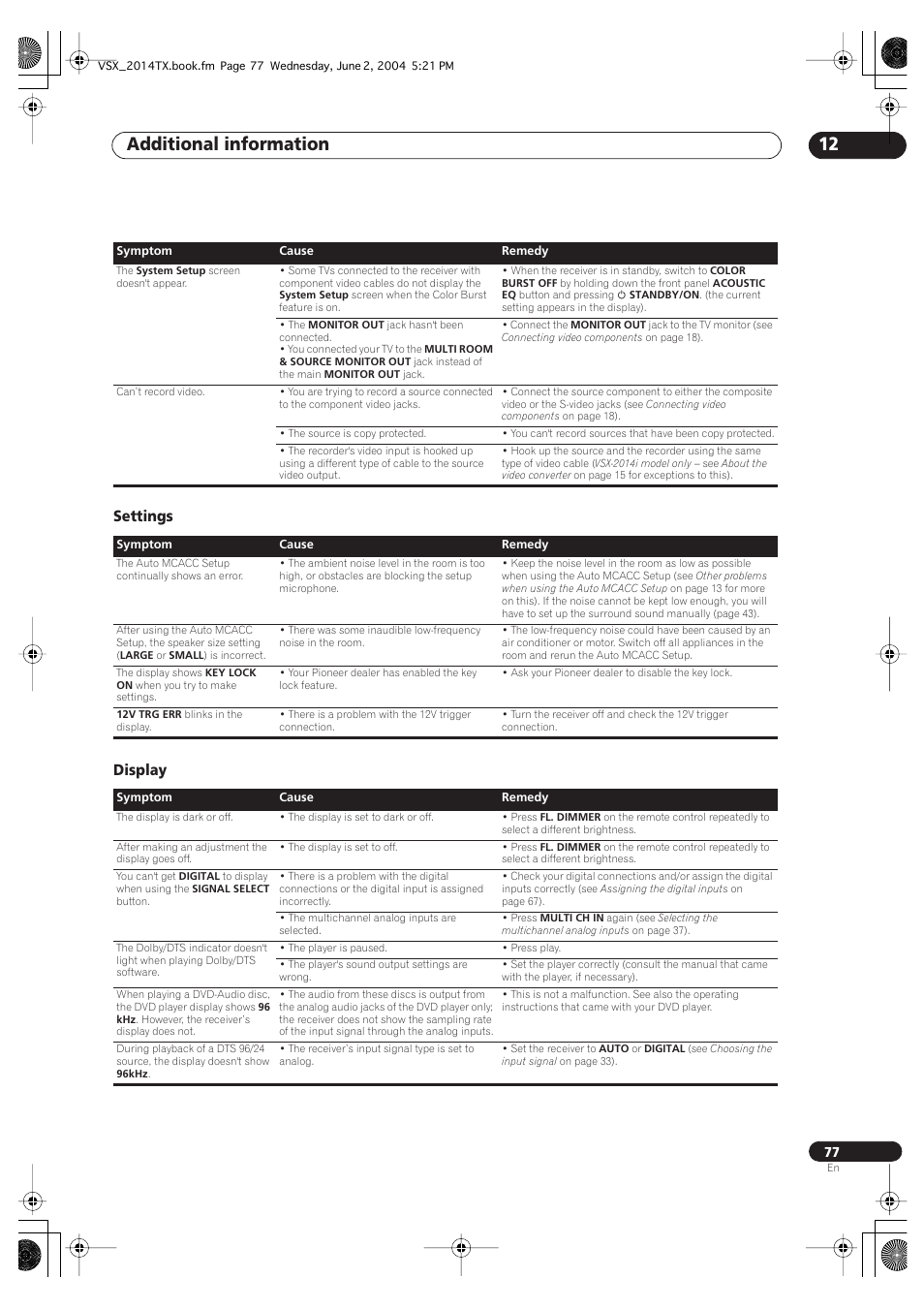 Settings display, Additional information 12 | Pioneer VSX-2014i User Manual | Page 77 / 84