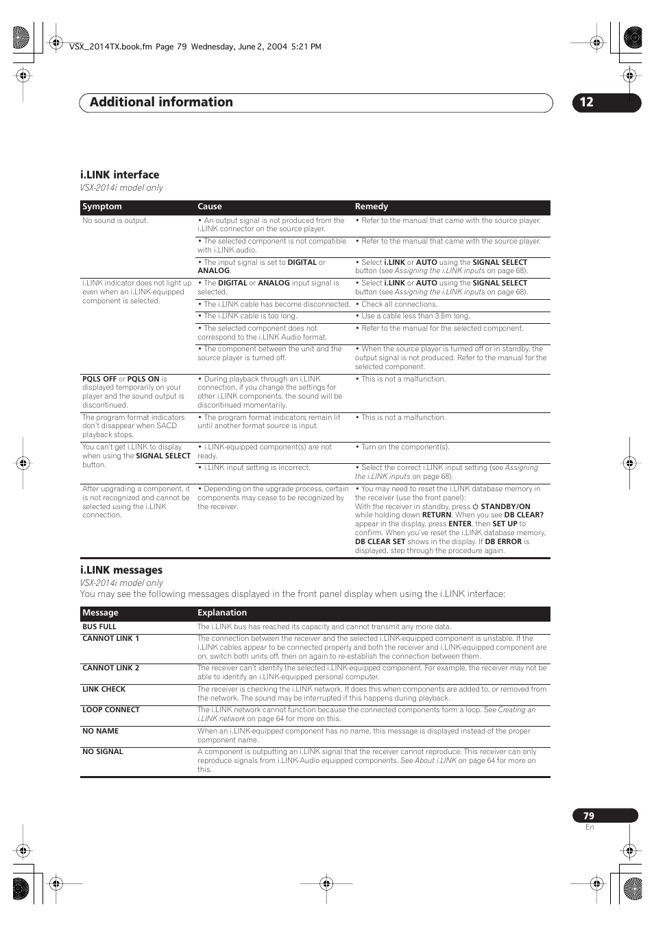 I.link interface i.link messages, Additional information 12, I.link interface | I.link messages | Pioneer VSX-2014i User Manual | Page 79 / 84