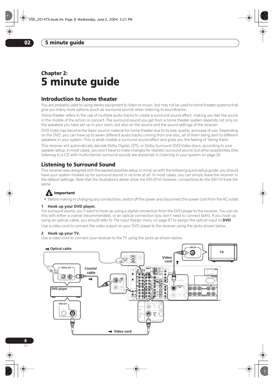 02 5 minute guide, 5 minute guide, 5 minute guide 02 | Chapter 2, Introduction to home theater, Listening to surround sound, Single), Listening to your system, On page 30, Important | Pioneer VSX-2014i User Manual | Page 8 / 84