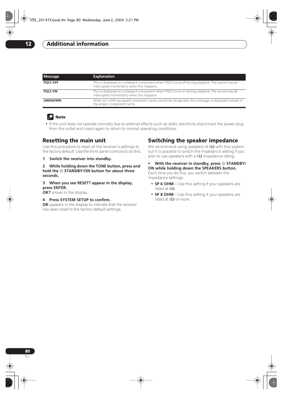 Additional information 12, Resetting the main unit, Switching the speaker impedance | Pioneer VSX-2014i User Manual | Page 80 / 84