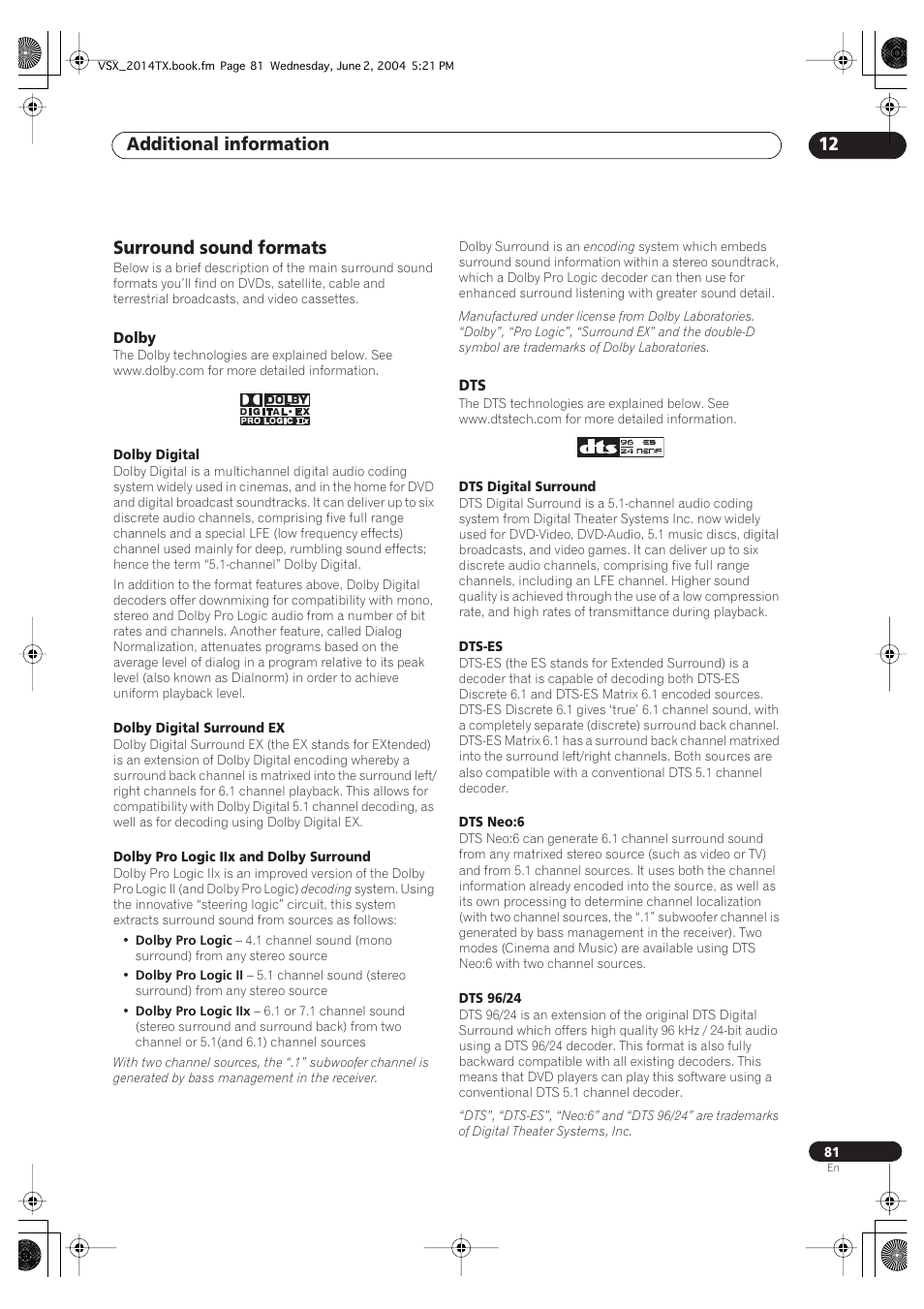 Surround sound formats, Dolby dts, Additional information 12 | Pioneer VSX-2014i User Manual | Page 81 / 84