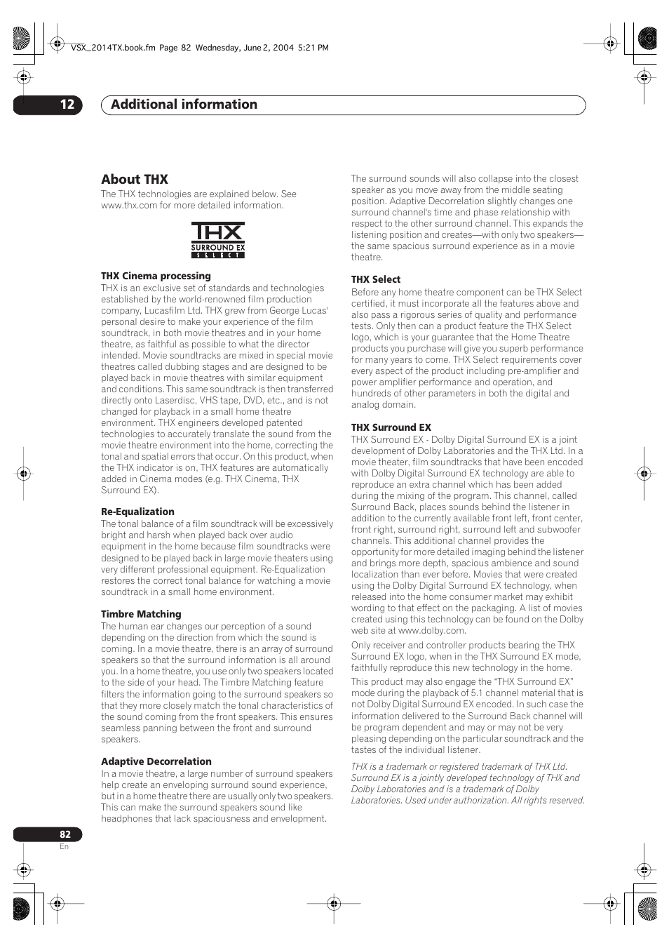 About thx, Additional information 12 | Pioneer VSX-2014i User Manual | Page 82 / 84