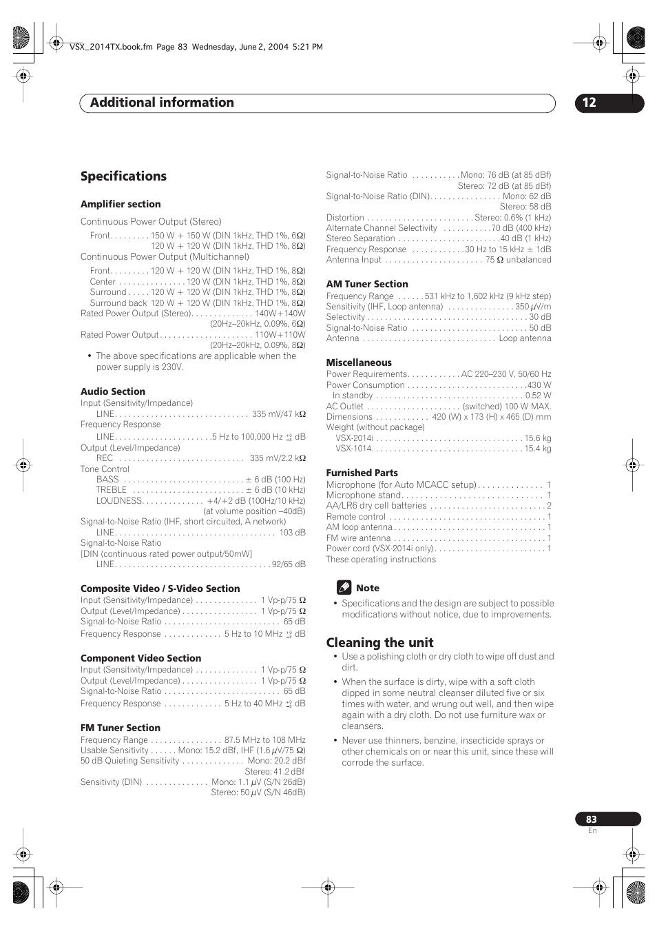 Specifications cleaning the unit, Additional information 12, Specifications | Cleaning the unit | Pioneer VSX-2014i User Manual | Page 83 / 84