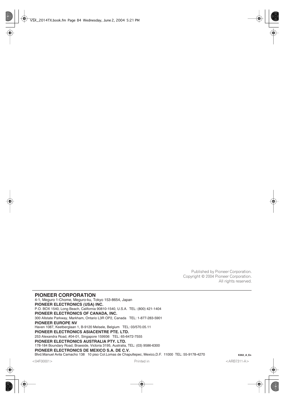 Pioneer corporation | Pioneer VSX-2014i User Manual | Page 84 / 84