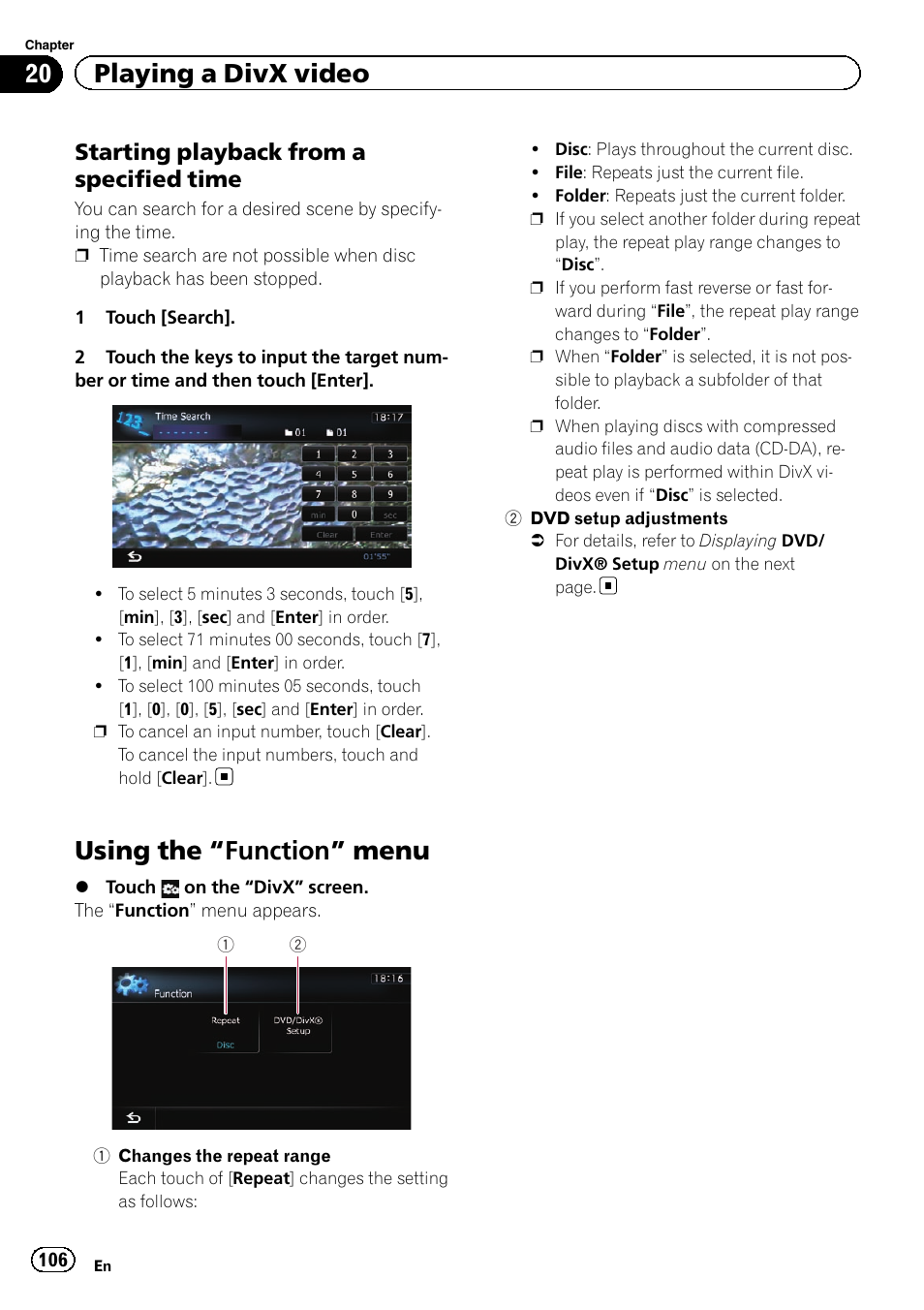 Starting playback from a specified, Time, Using the | Function” menu 106, Changes the repeat, Starting playback, Using the “function” menu, 20 playing a divx video, Starting playback from a specified time | Pioneer SUPER TUNER 3 D AVIC-Z120BT User Manual | Page 106 / 228