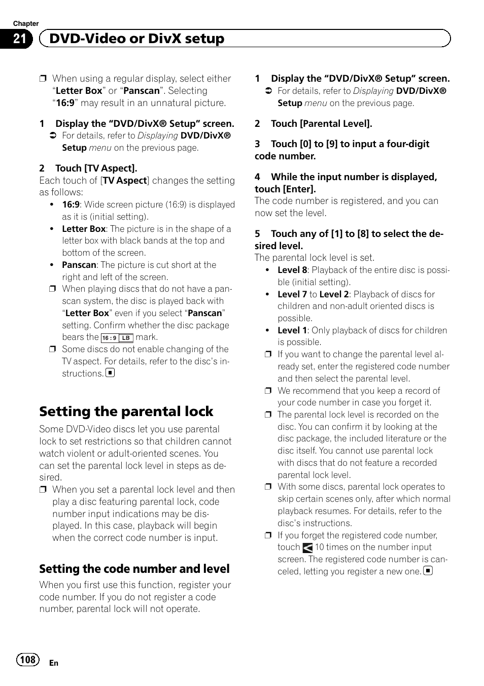 Setting the parental lock, Setting the code number and, Level | 21 dvd-video or divx setup, Setting the code number and level | Pioneer SUPER TUNER 3 D AVIC-Z120BT User Manual | Page 108 / 228