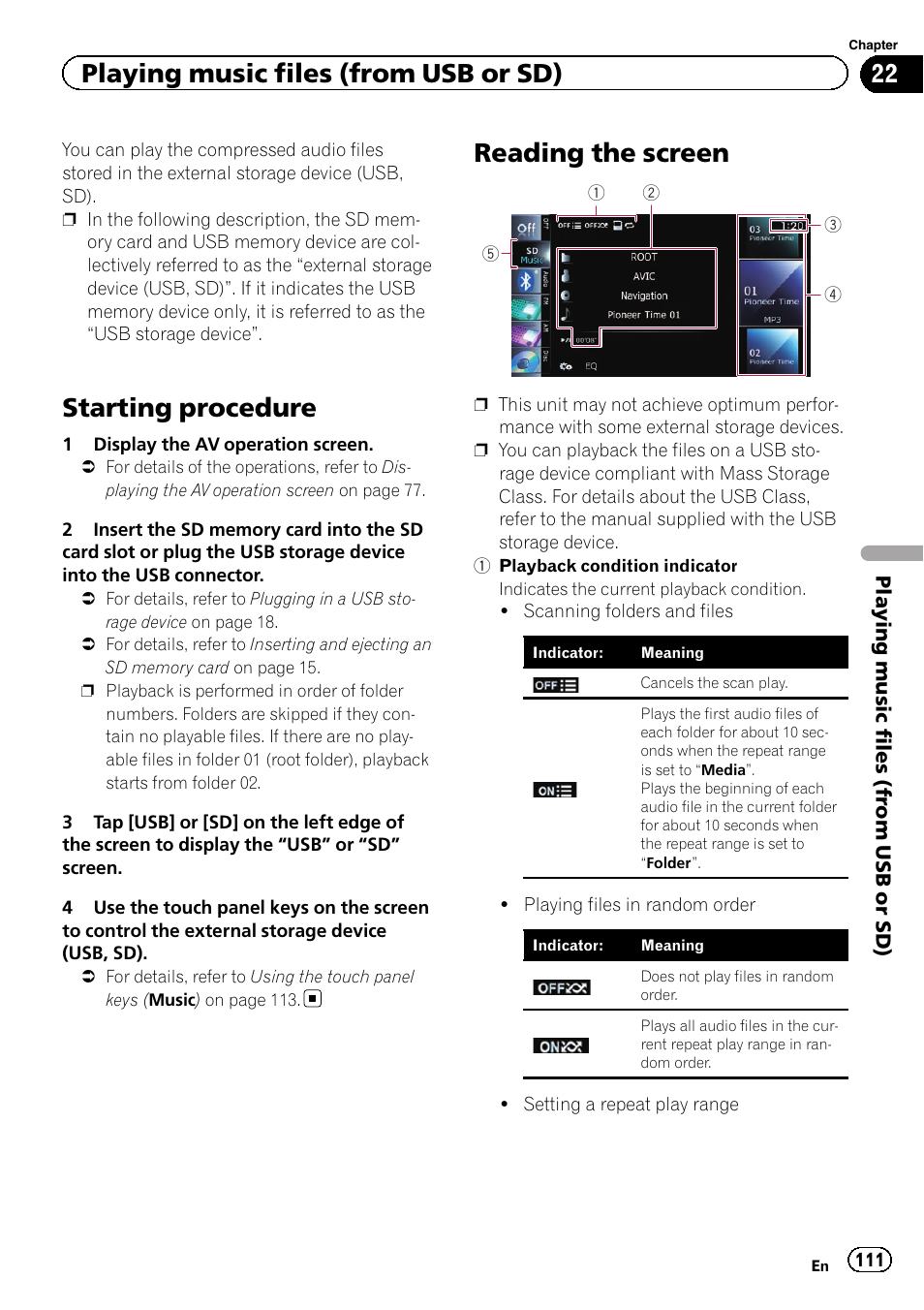 Reading the screen, Starting procedure, Playing music files (from usb or sd) | Pioneer SUPER TUNER 3 D AVIC-Z120BT User Manual | Page 111 / 228