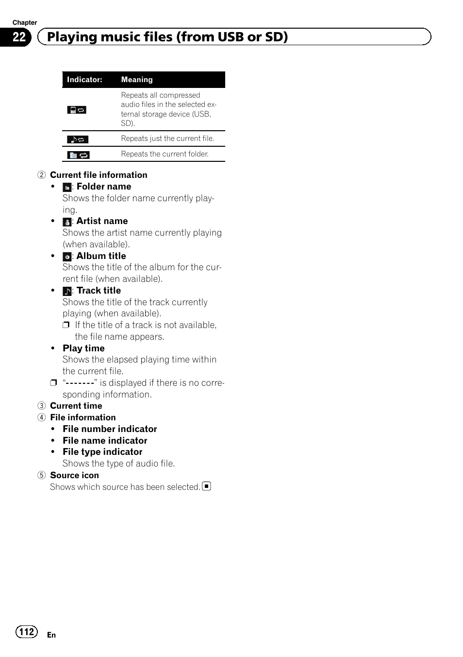 22 playing music files (from usb or sd) | Pioneer SUPER TUNER 3 D AVIC-Z120BT User Manual | Page 112 / 228