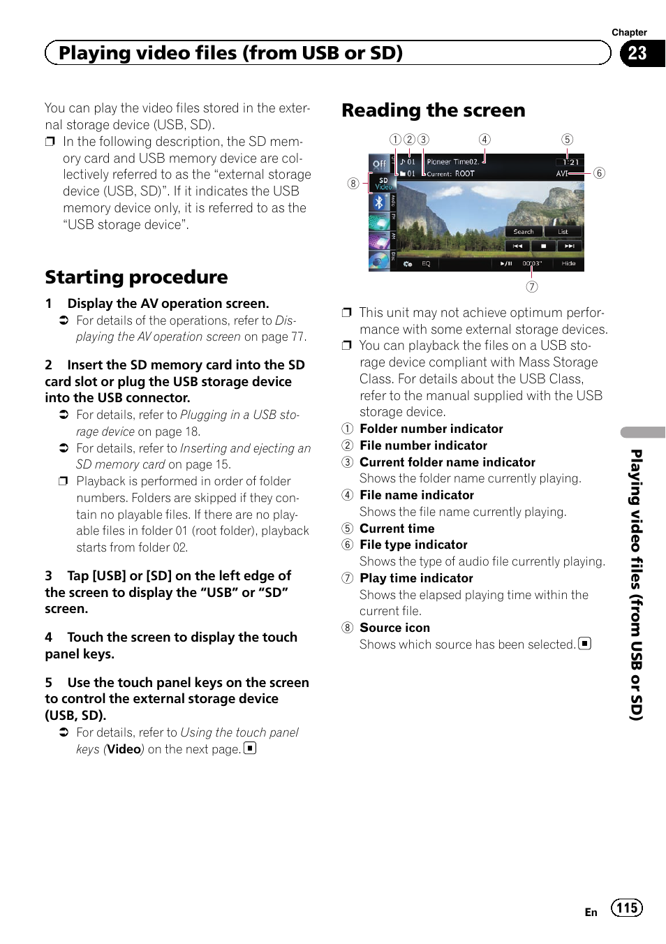 Reading the screen, Starting procedure, Playing video files (from usb or sd) | Pioneer SUPER TUNER 3 D AVIC-Z120BT User Manual | Page 115 / 228