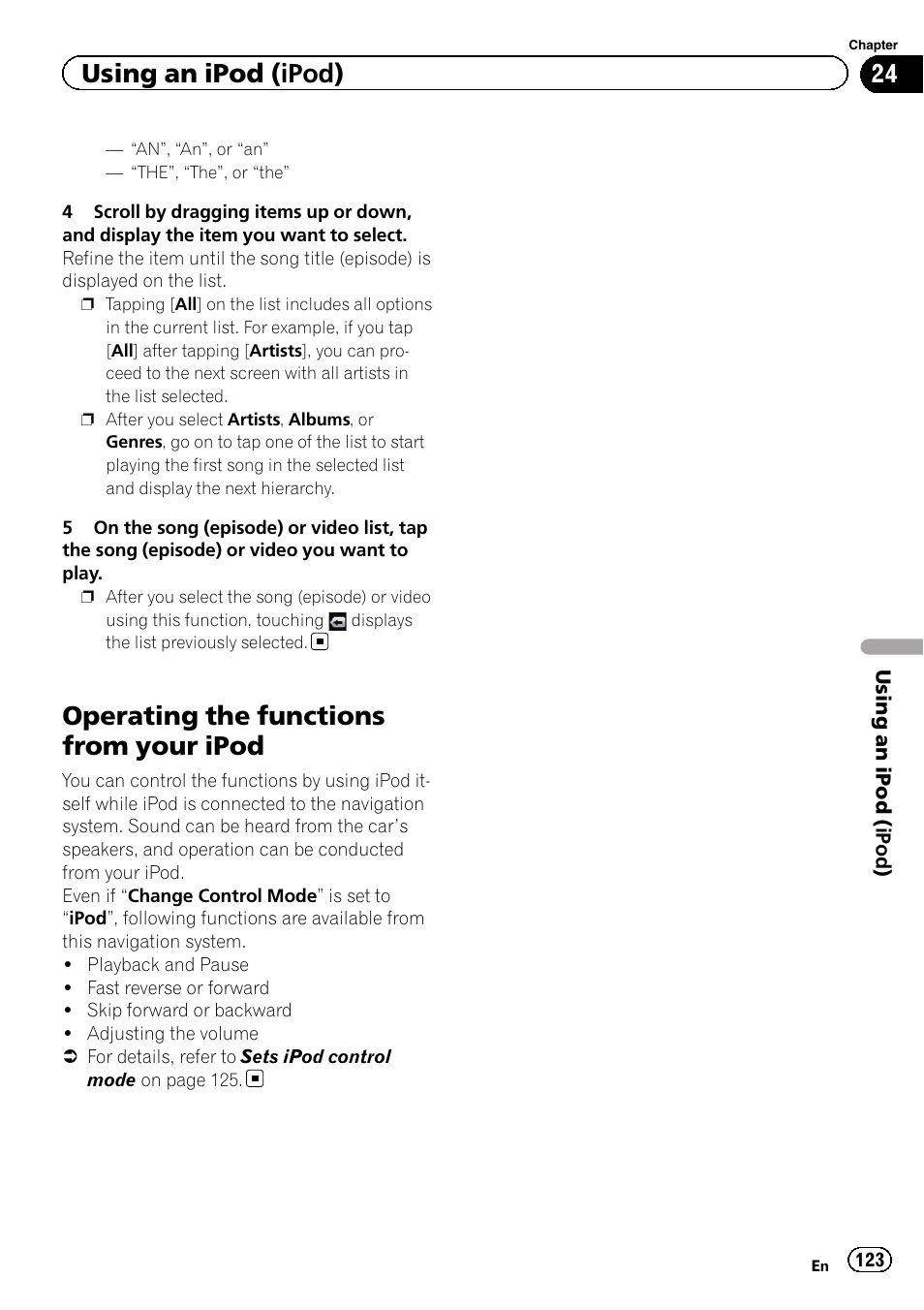 Operating the functions from your ipod, Using an ipod (ipod) | Pioneer SUPER TUNER 3 D AVIC-Z120BT User Manual | Page 123 / 228